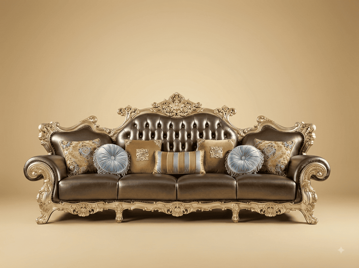 Royal Luxury Handcrafted Carved Teak Leather Sofa | Bronze and Champagne - Image 1