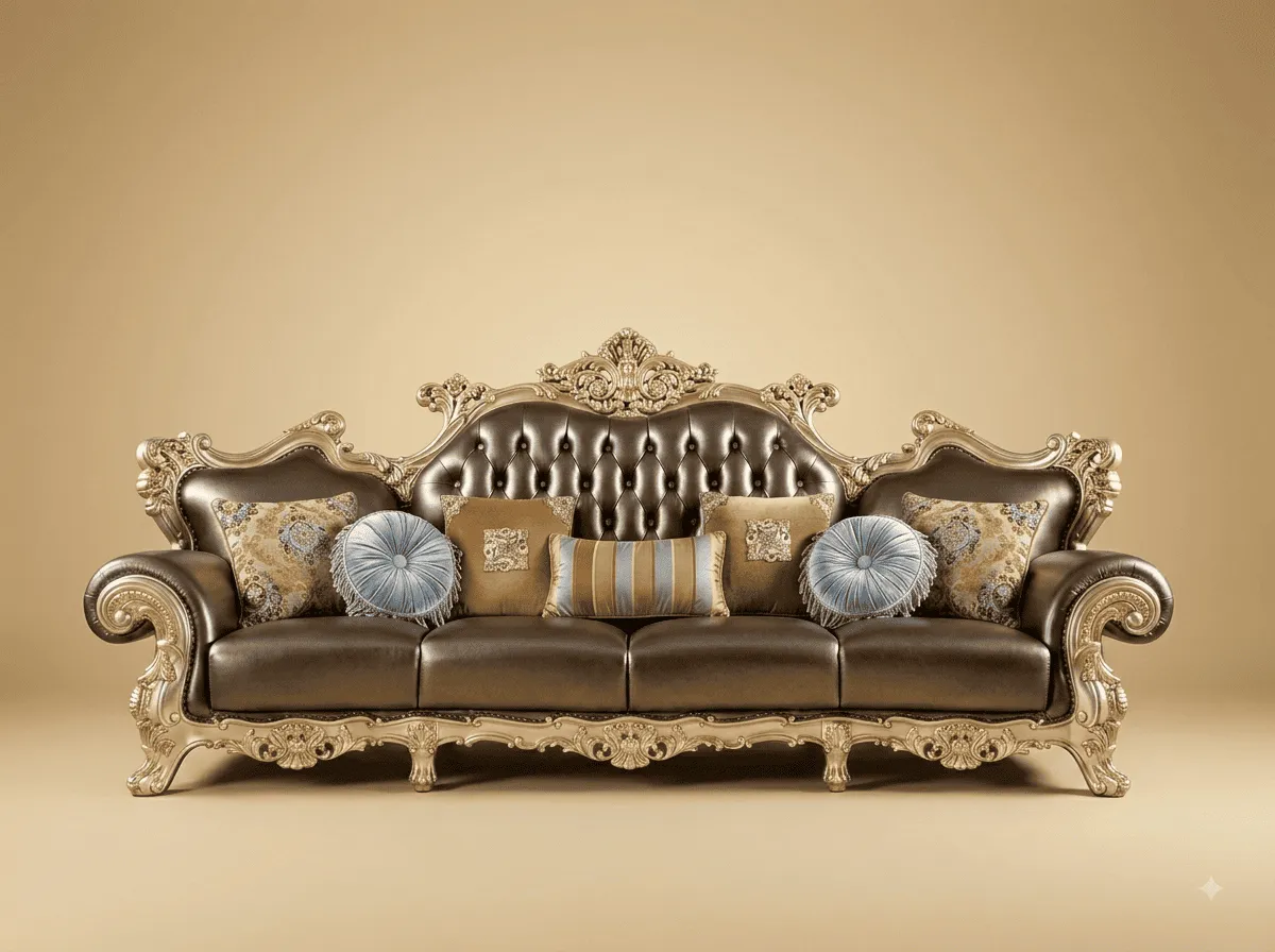 Royal Luxury Handcrafted Carved Teak Leather Sofa | Bronze and Champagne
