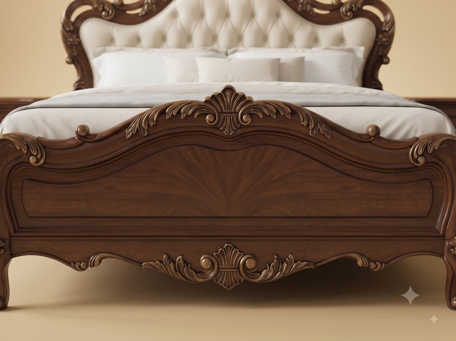 Teak Wood Bed Design in Walnut Finish - Cream Buttoned Headboard - Image 4