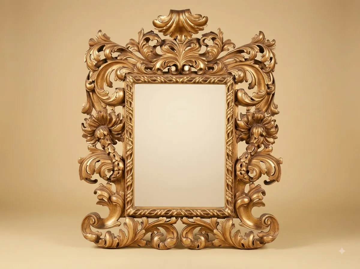 Hand-Carved Teak Wood Openwork Mirror | Gold Rosette and Rope Twist Frame