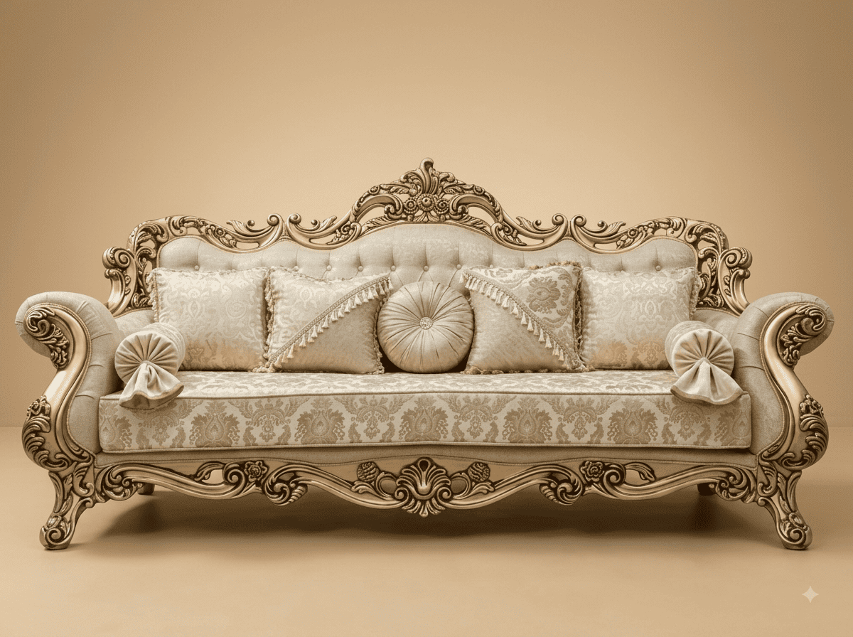 Royal Luxury Handcrafted Carved Teak Sofa | Cream Tonal Carved Frame