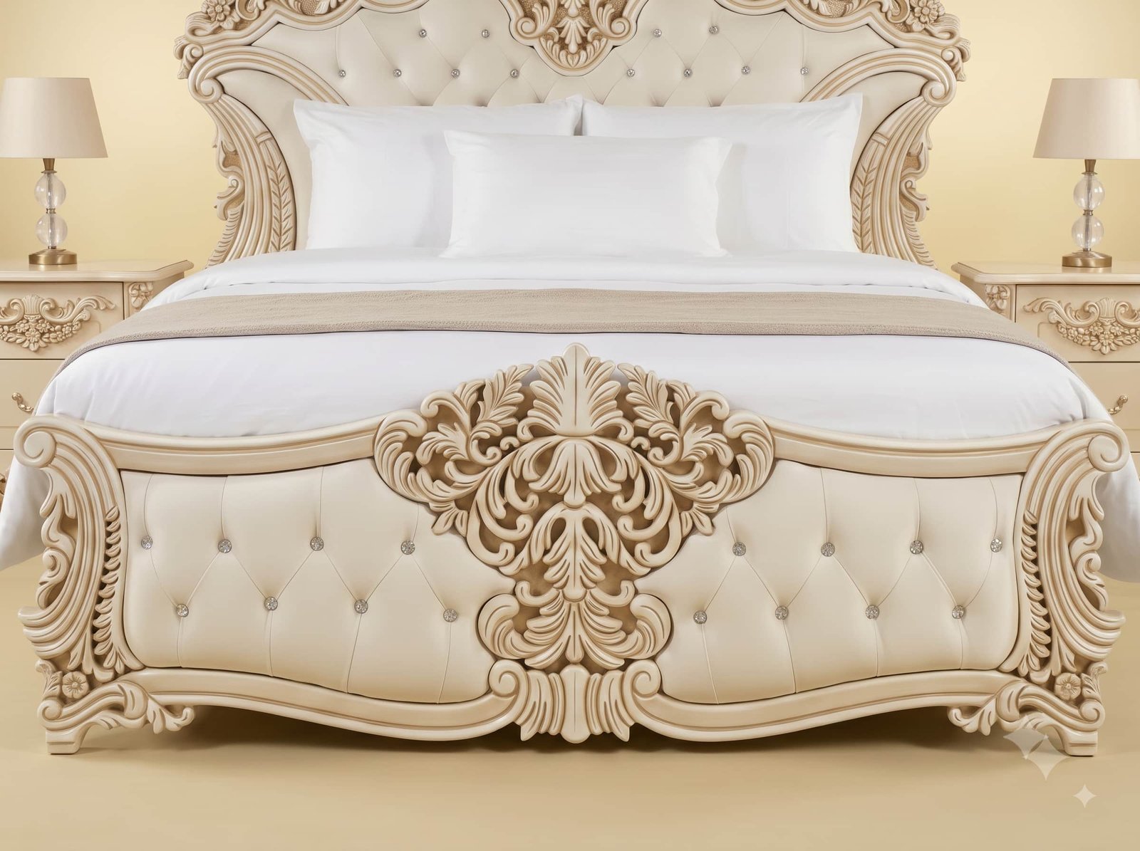 Antique White Bed in Carved Teak - Crystal Tufted Head and Footboard - Image 3