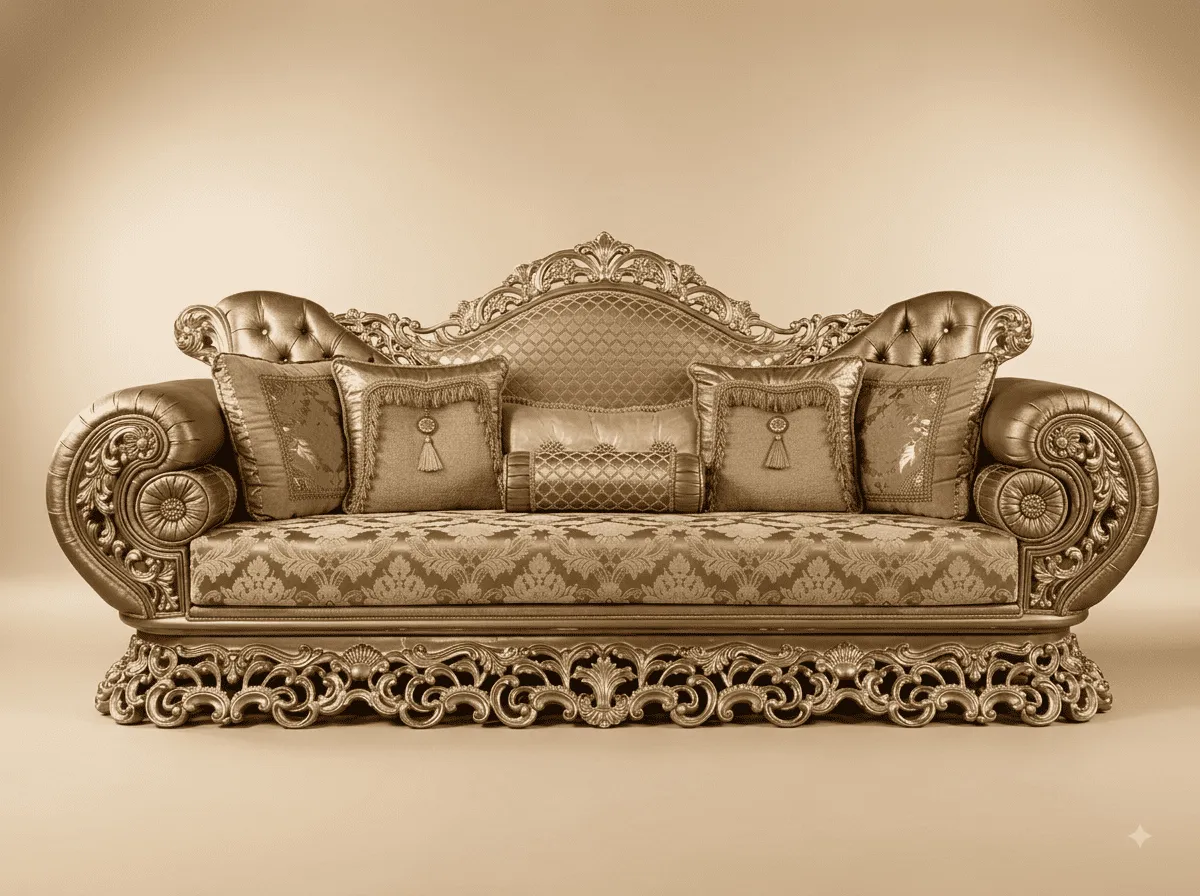 Royal Luxury Handcrafted Carved Teak Sofa Set | Champagne Gold Bespoke Build