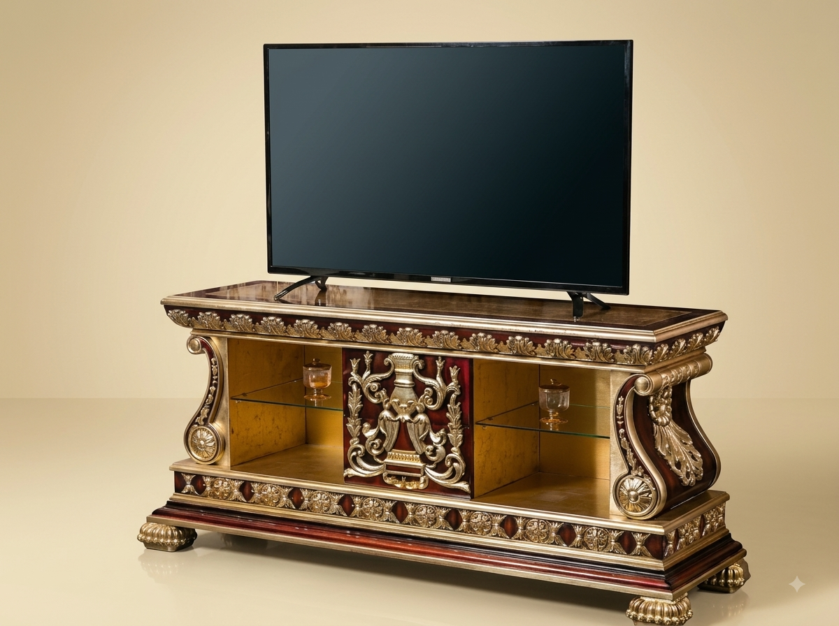 Handcrafted Teak Wood TV Unit | Gold and Silver Leaf Open Display Console - Image 1