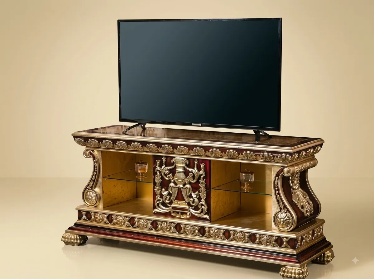 Handcrafted Teak Wood TV Unit | Gold and Silver Leaf Open Display Console