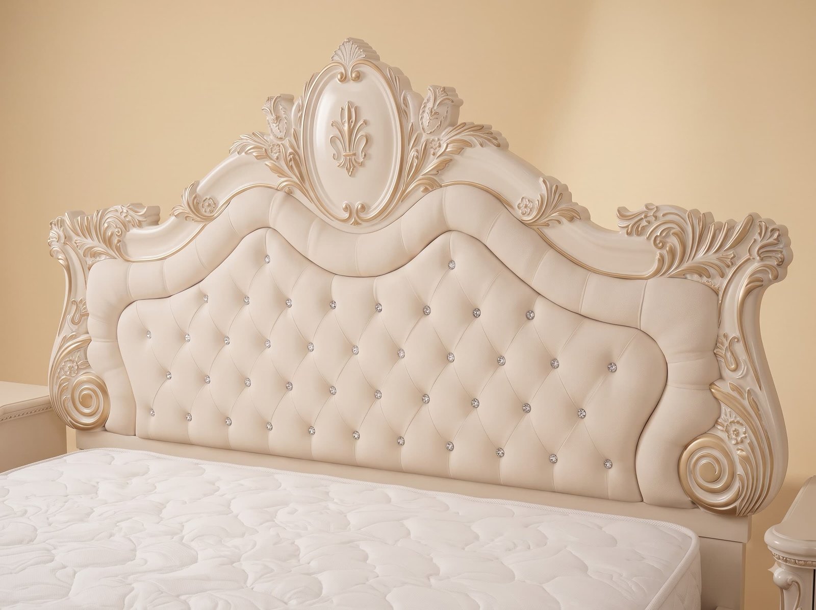 Cushioned Bed in Carved Teak - Cream and Gold with Crystal Buttons - Image 4