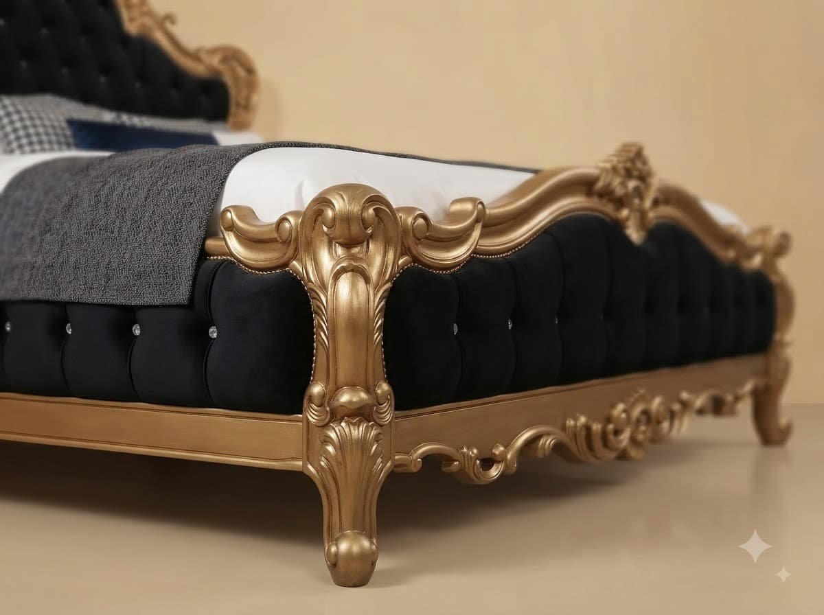 Black and Gold King Size Bed - Carved Teak with Velvet Tufting - Image 2