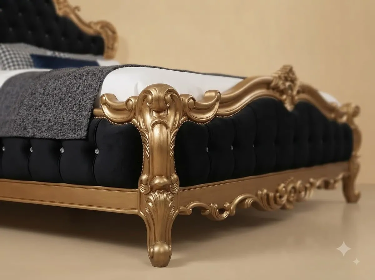 Black and Gold King Size Bed - Carved Teak with Velvet Tufting
