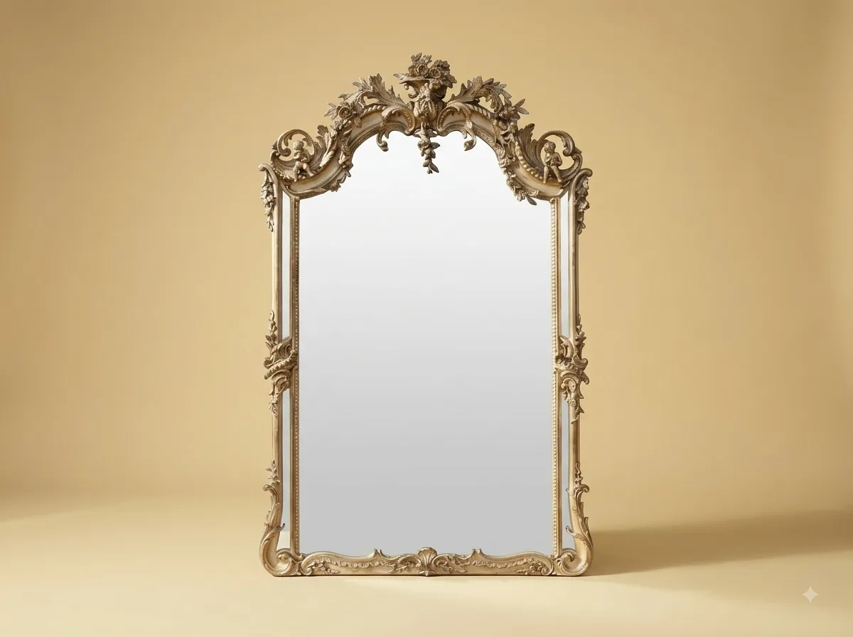 Hand-Carved Teak Wood Arched Rococo Mirror | Antique Silver Flower Basket Crest