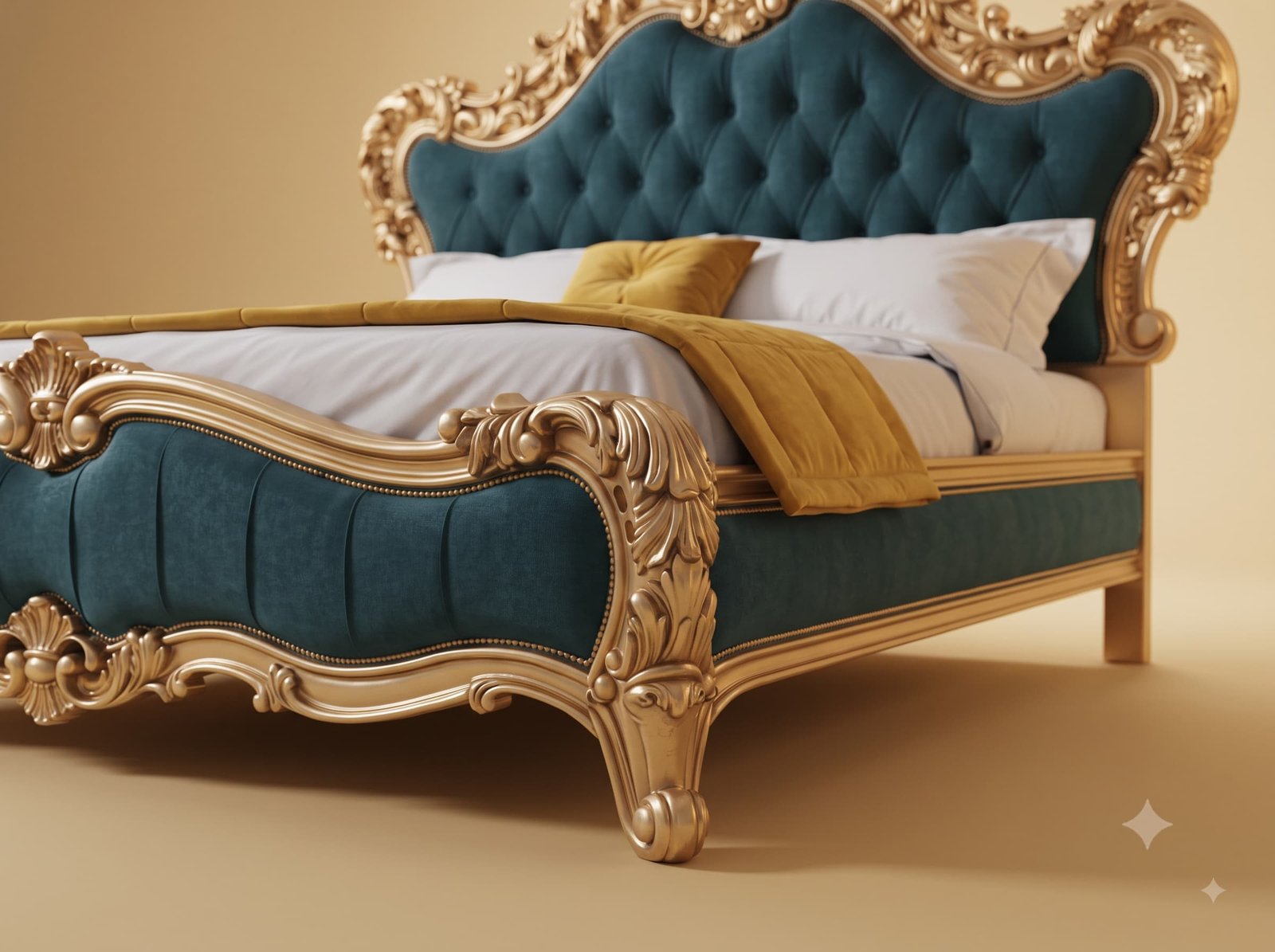 Designer Bed in Carved Teak - Teal Velvet with Champagne Gold Frame - Image 2