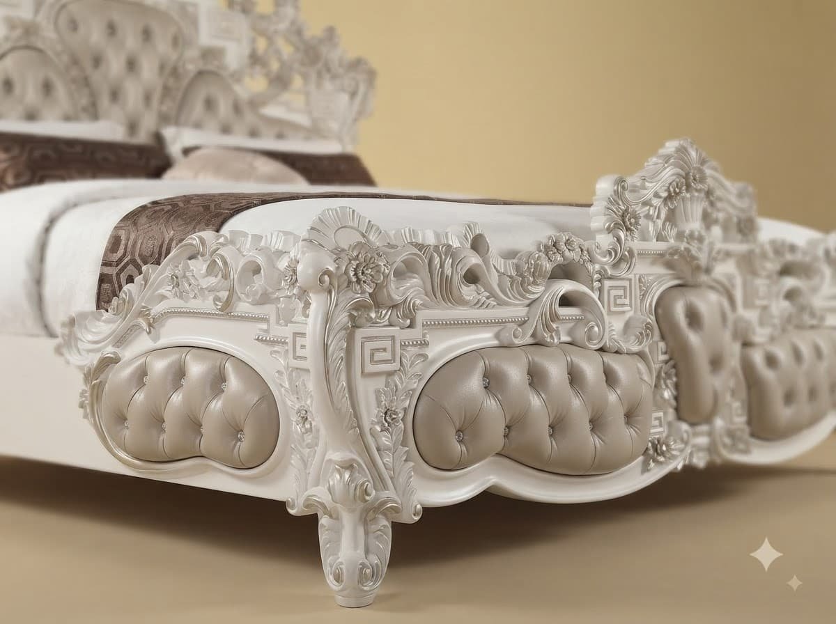 White King Size Bed with Tufted Footboard - Carved Teak Greek Key Design - Image 2