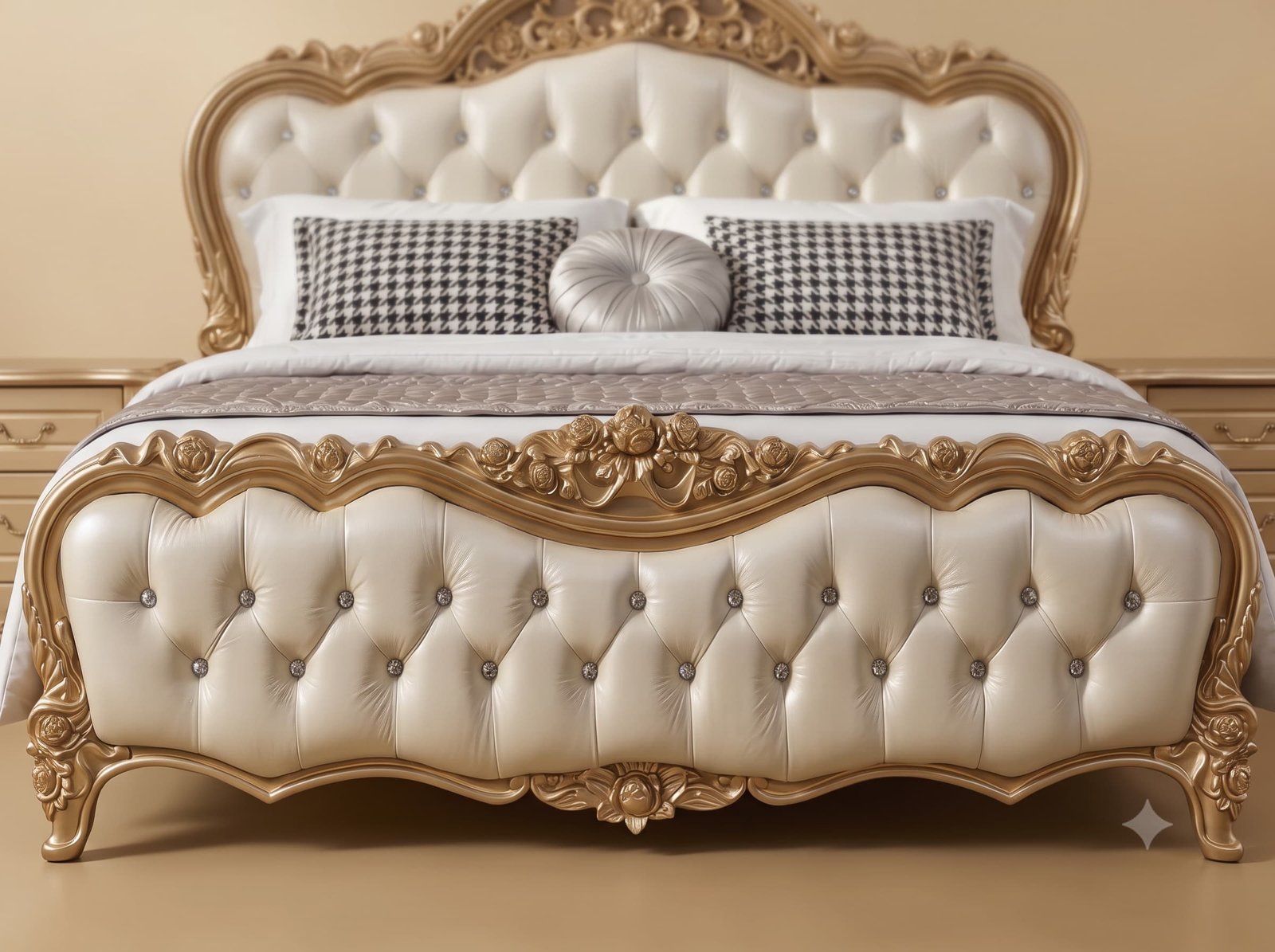 Double Bed Design in Carved Teak - Cream Tufted with Champagne Gold - Image 3