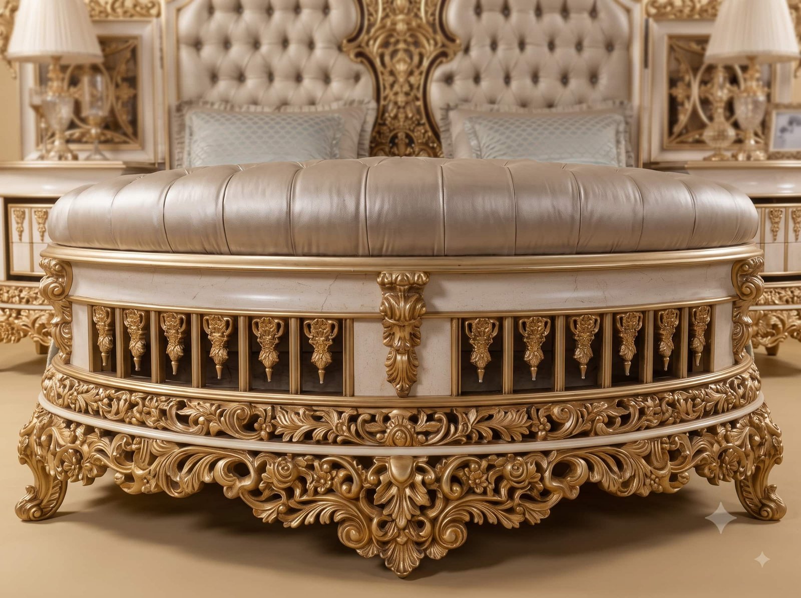 Ivory and Gold Bedroom Set in Carved Teak - King Bed with Attached Chests - Image 2