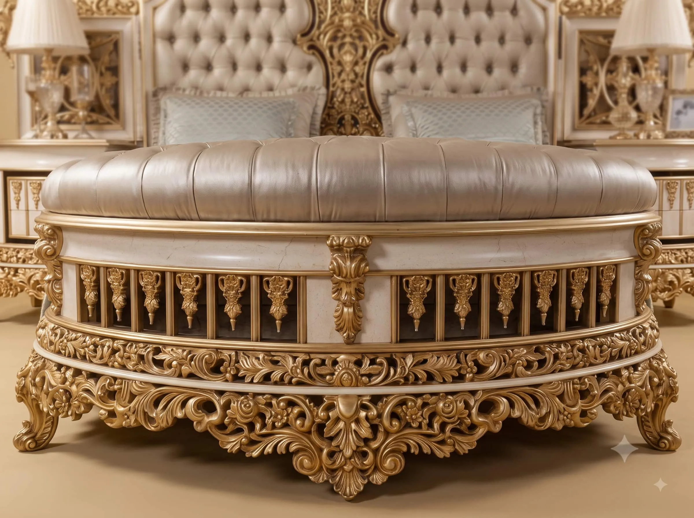 Ivory and Gold Bedroom Set in Carved Teak - King Bed with Attached Chests