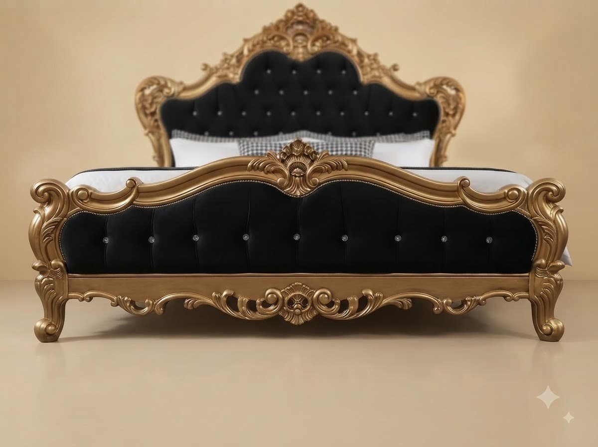 Black and Gold King Size Bed - Carved Teak with Velvet Tufting - Image 3