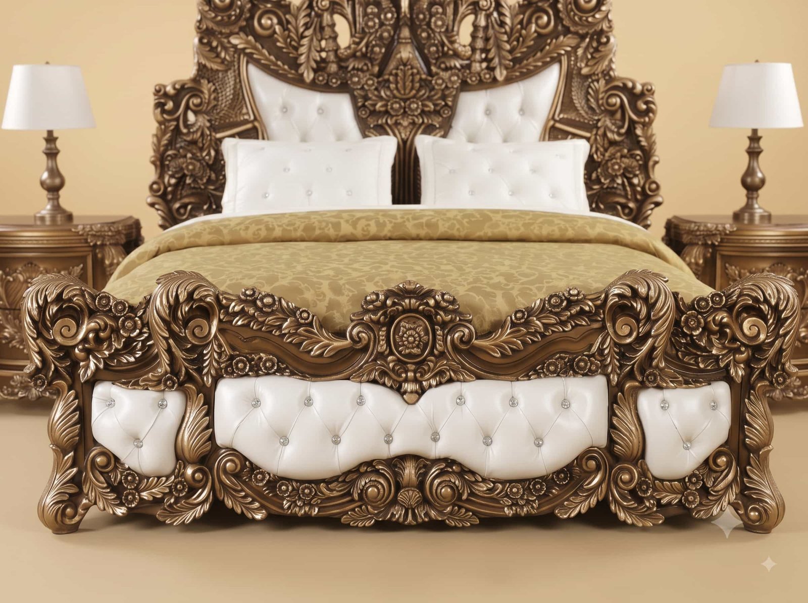 Luxury Bed Design in Carved Teak - Antique Bronze with Tufted Panels - Image 3