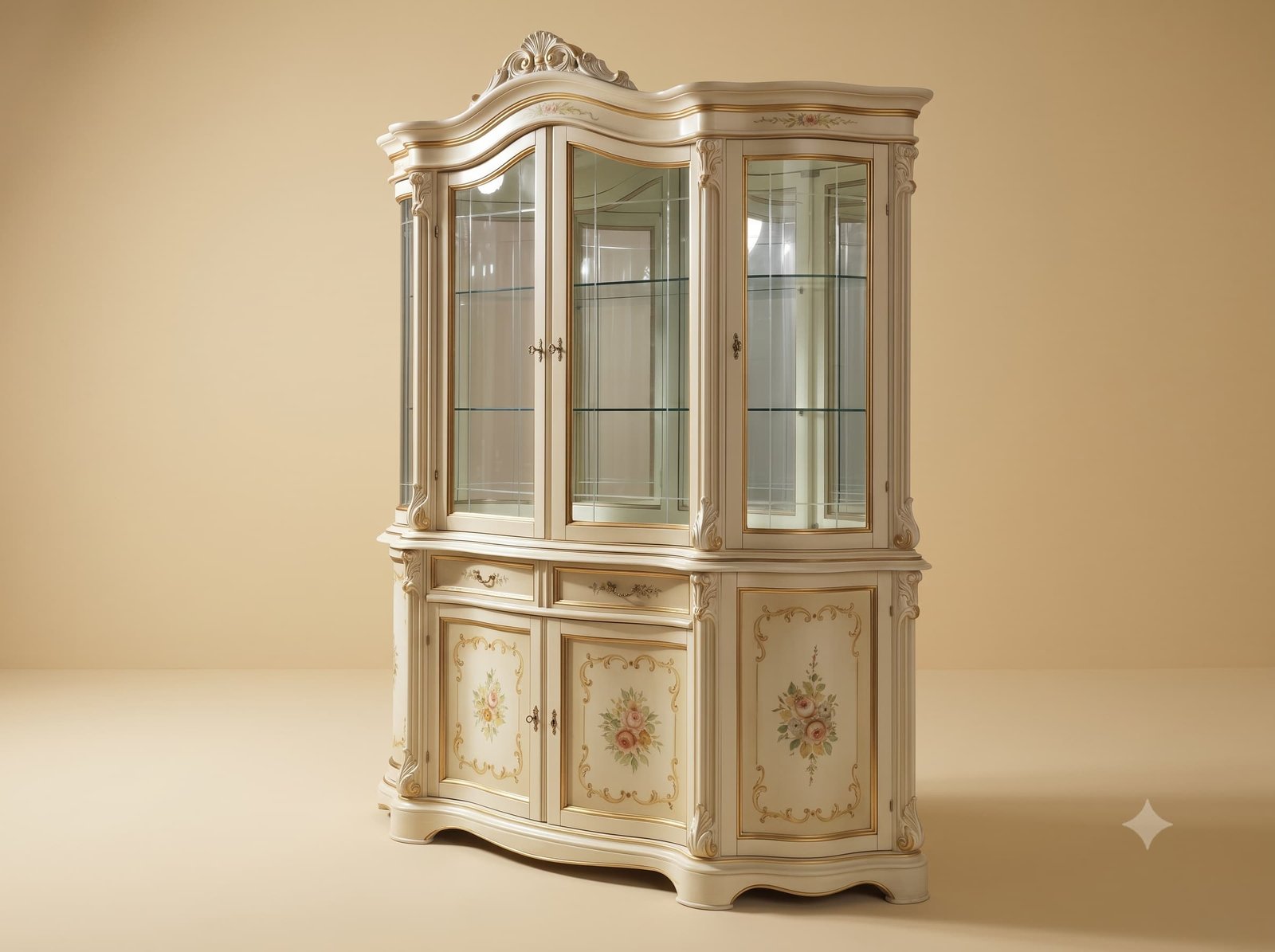 Crockery Unit in Carved Teak with Glazed Top and Painted Panels