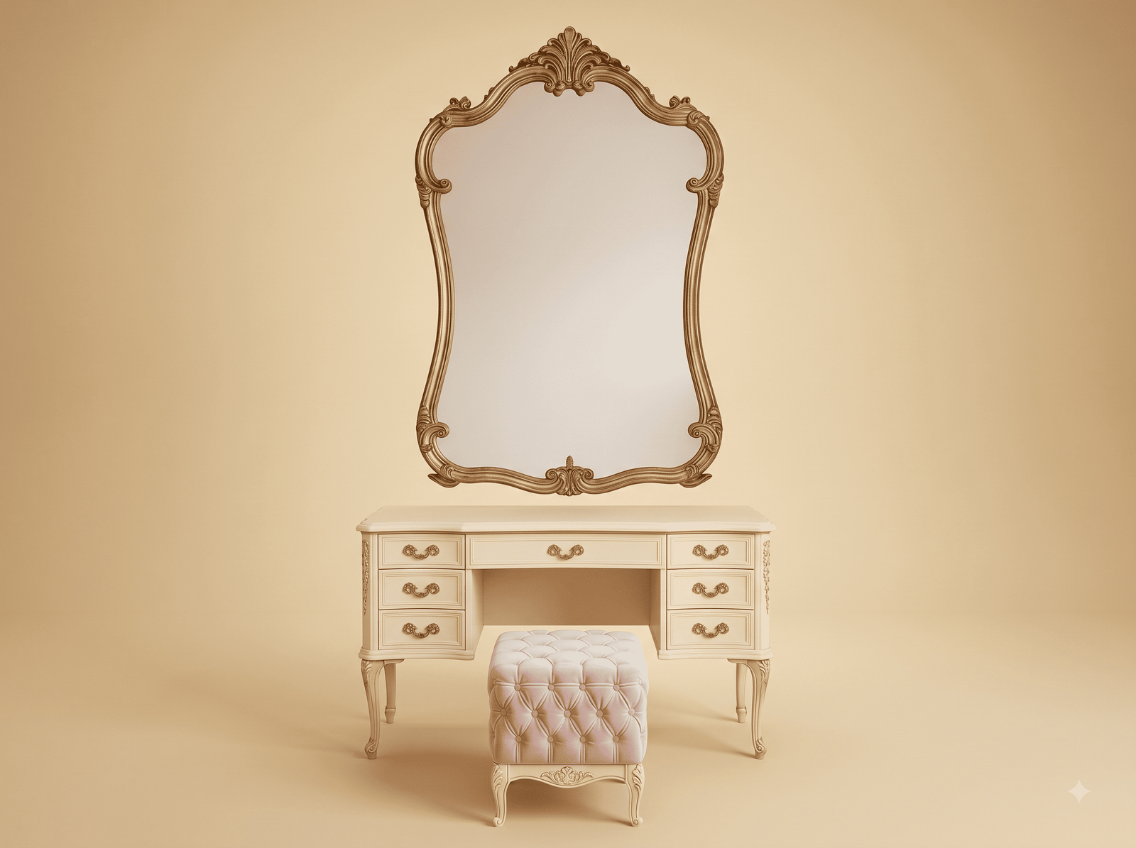 Dressing Table with Wall Mirror in Carved Teak - Cream with Ottoman Stool