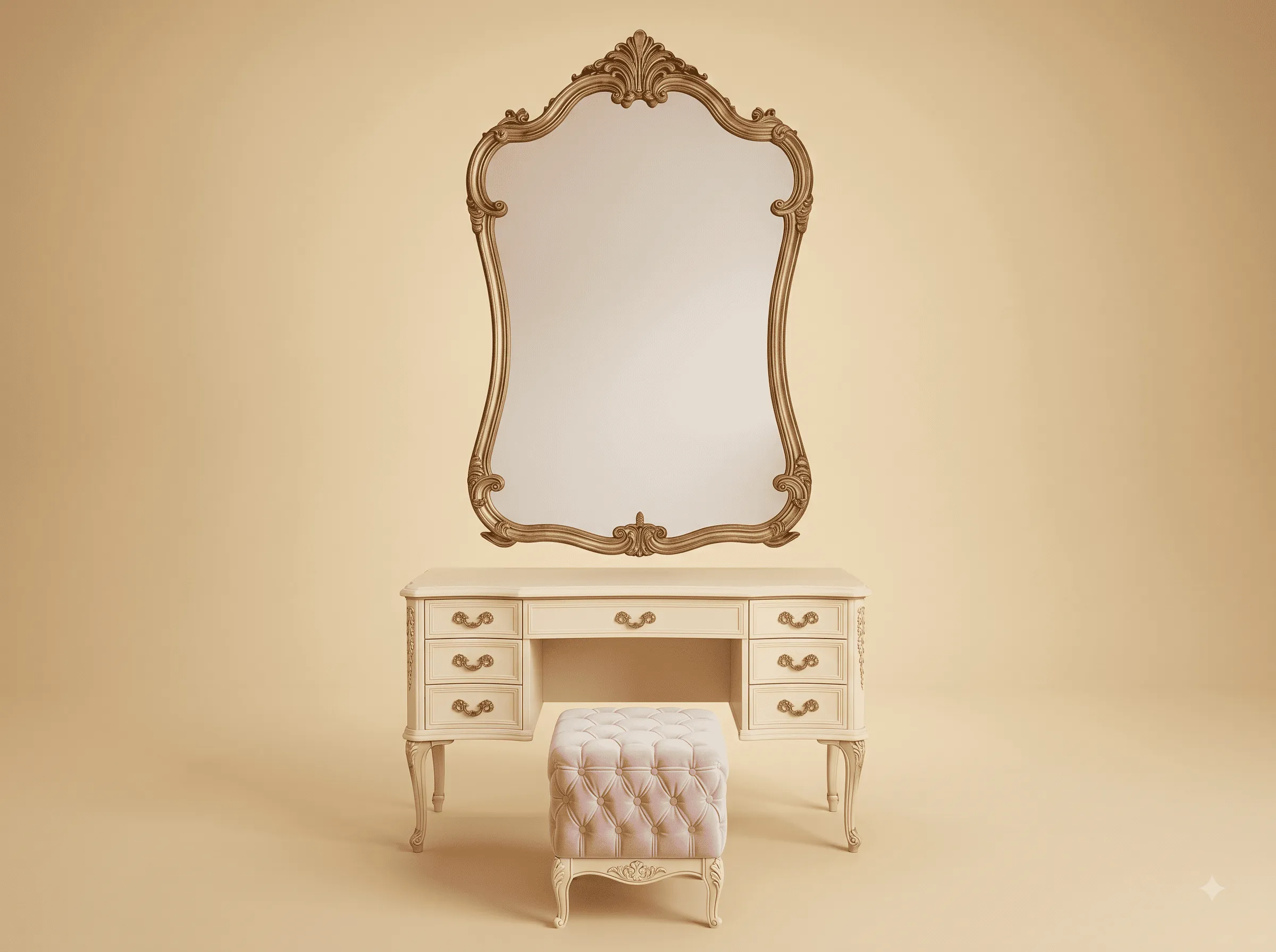 Dressing Table with Wall Mirror in Carved Teak - Cream with Ottoman Stool