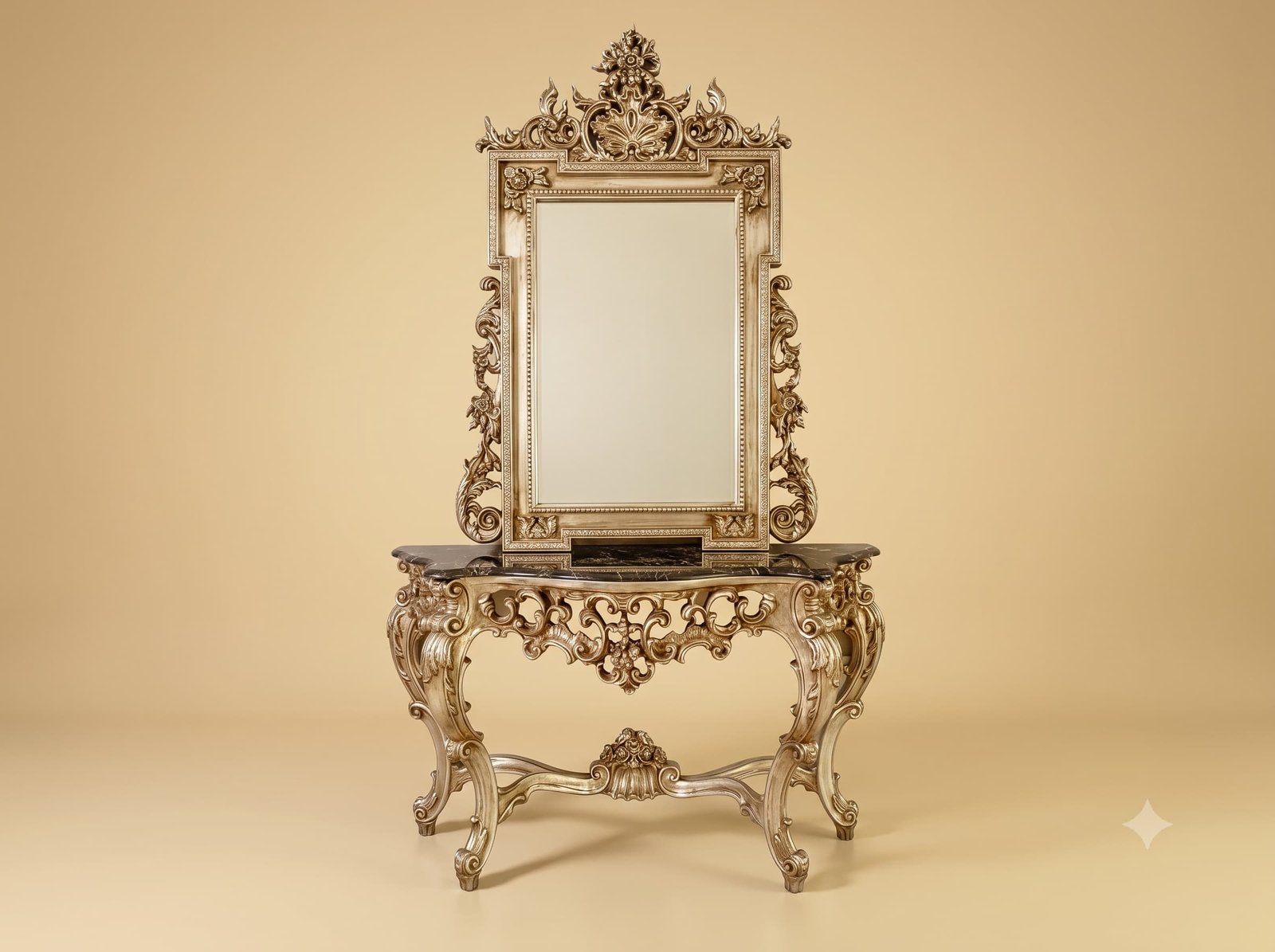 Silver Console Table in Carved Teak with Dark Marble and Mirror