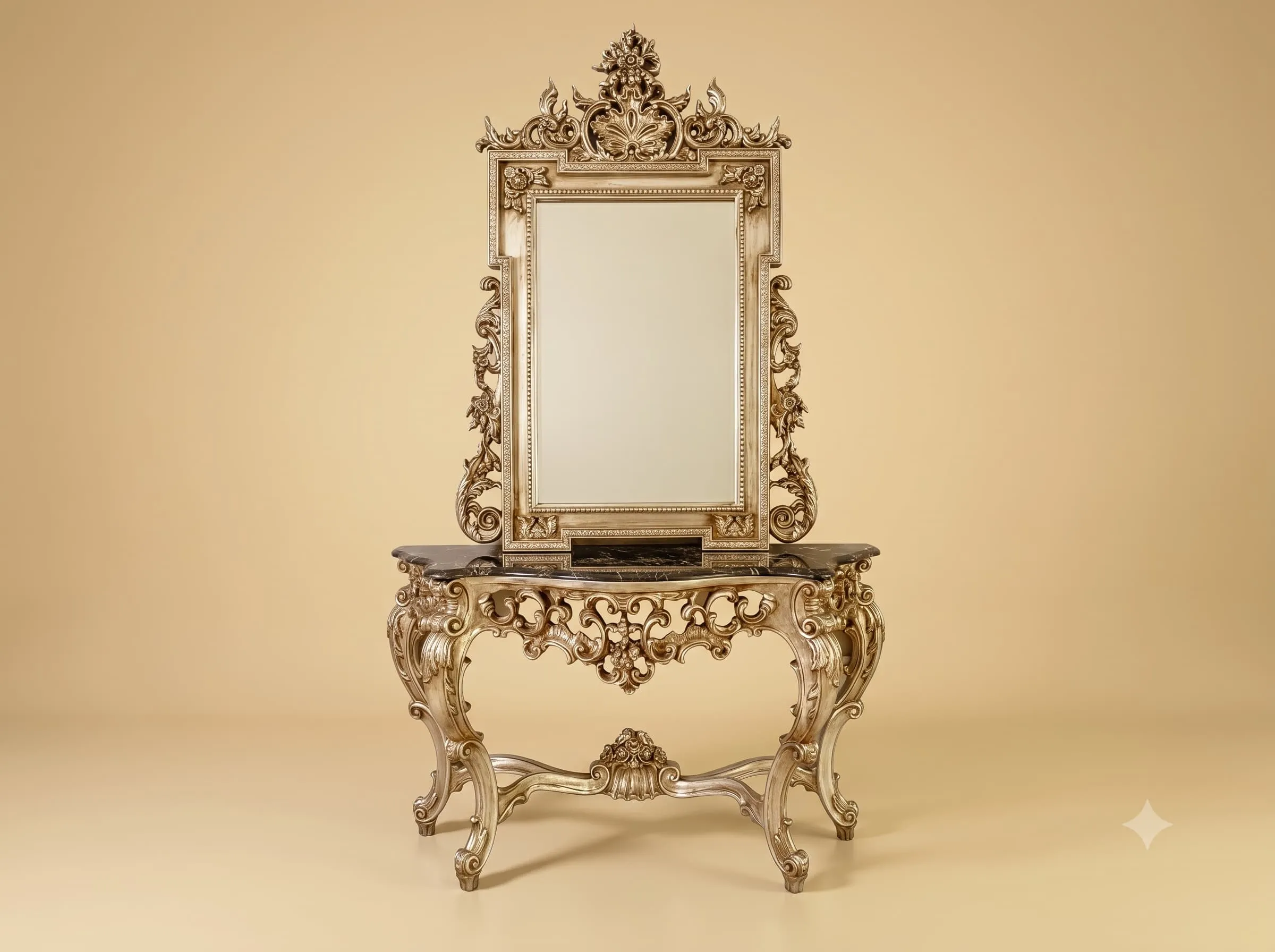 Silver Console Table in Carved Teak with Dark Marble and Mirror