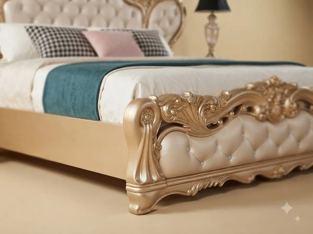 Wing Headboard King Size Bed in Carved Teak - Champagne Gold with Side Tables