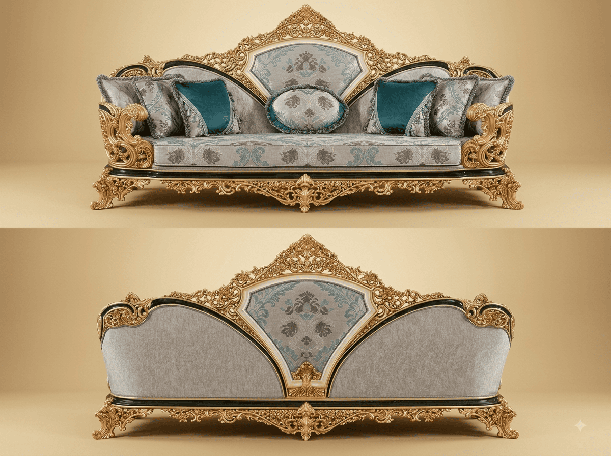 Royal Luxury Handcrafted Carved Teak Sofa | Gold and Blue Finished Back