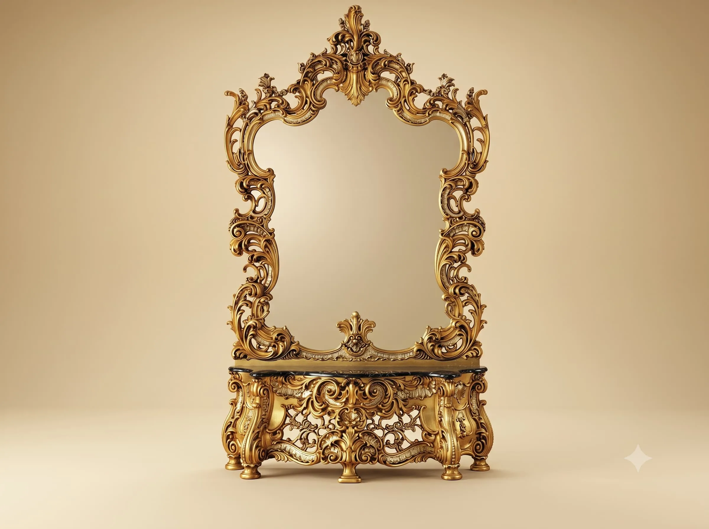 Foyer Table in Gilded Teak with Tall Carved Rococo Mirror