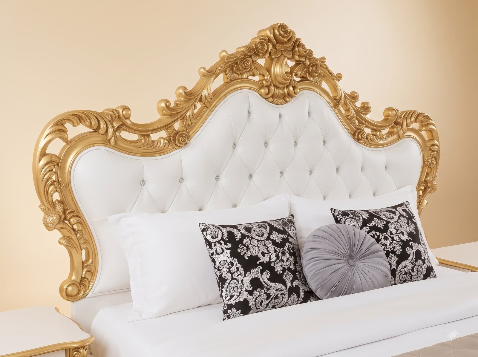 White and Gold King Size Bed - Carved Teak Rose Crest, Crystal Tufted - Image 4