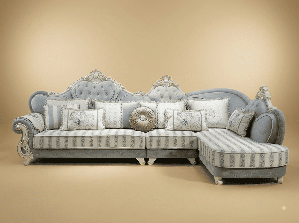 Luxury Sofa Design in Carved Teak - Silver Grey with Rounded Chaise