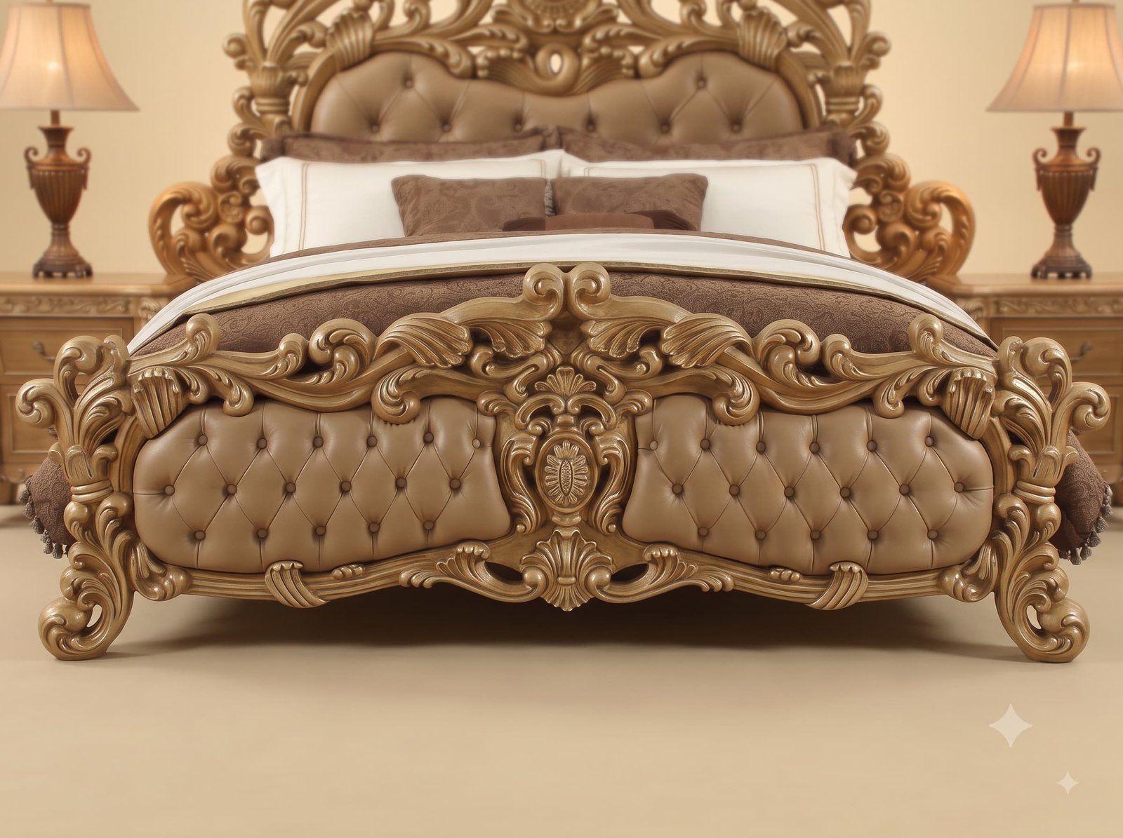 Bedroom Furniture Set in Carved Teak - Antique Gold with Taupe Tufting - Image 2