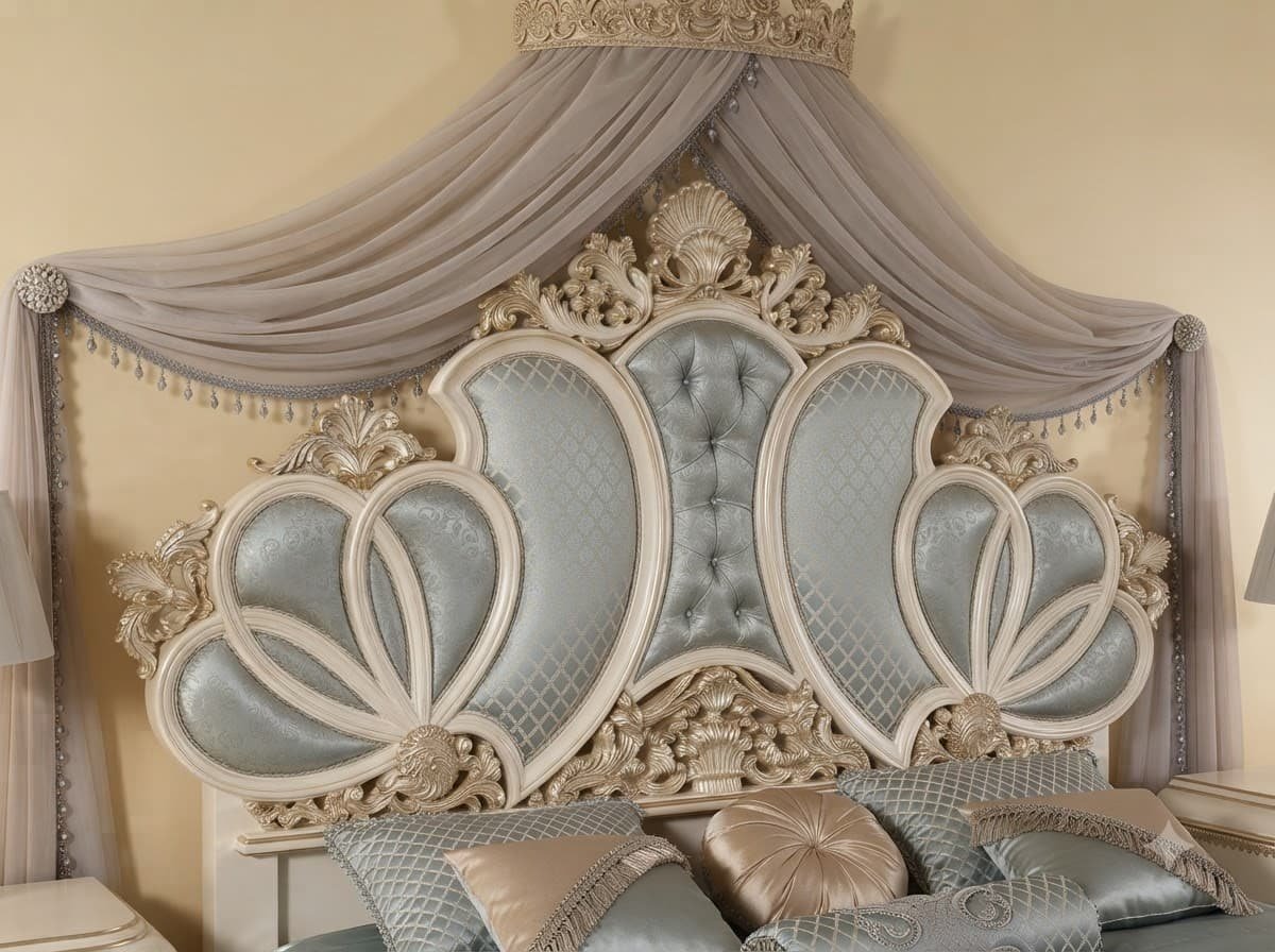 Canopy Bed with Curtains in Carved Teak - Ivory and Gold Corona - Image 4