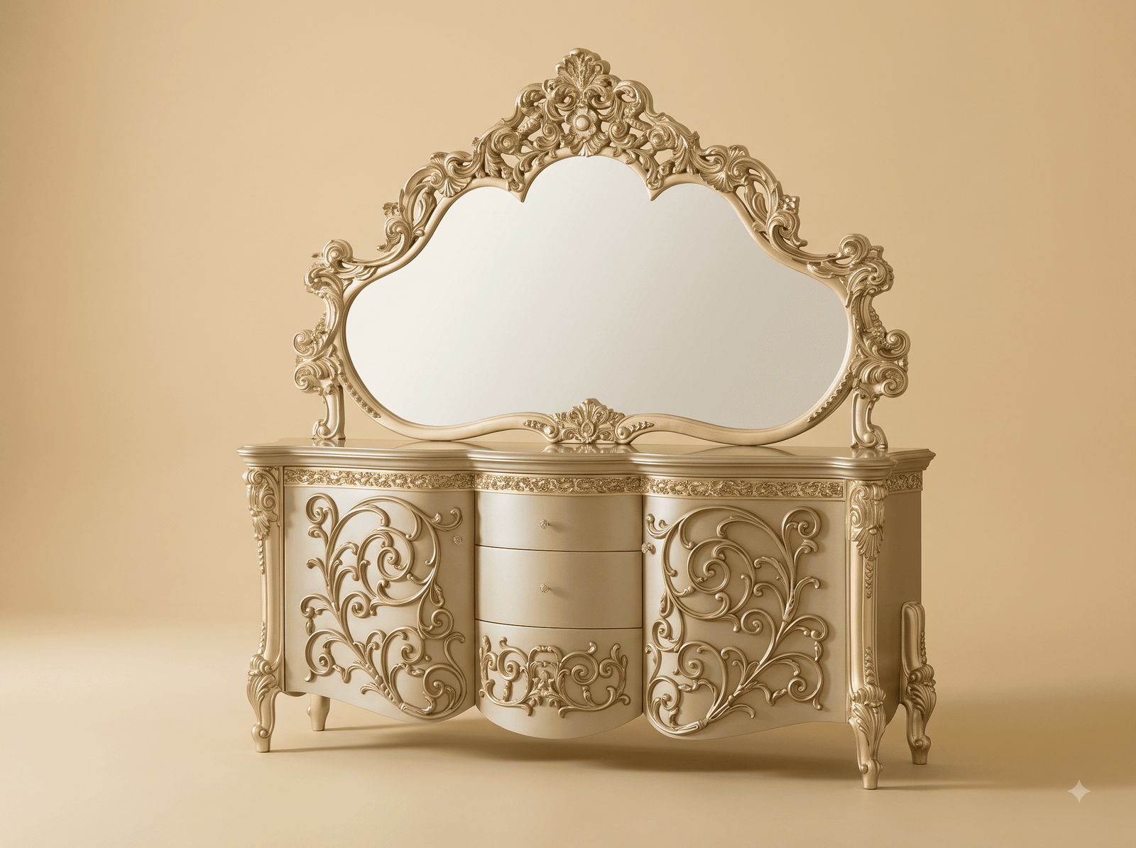 Dressing Table with Cupboard in Carved Teak - Cream with Scrolled Mirror
