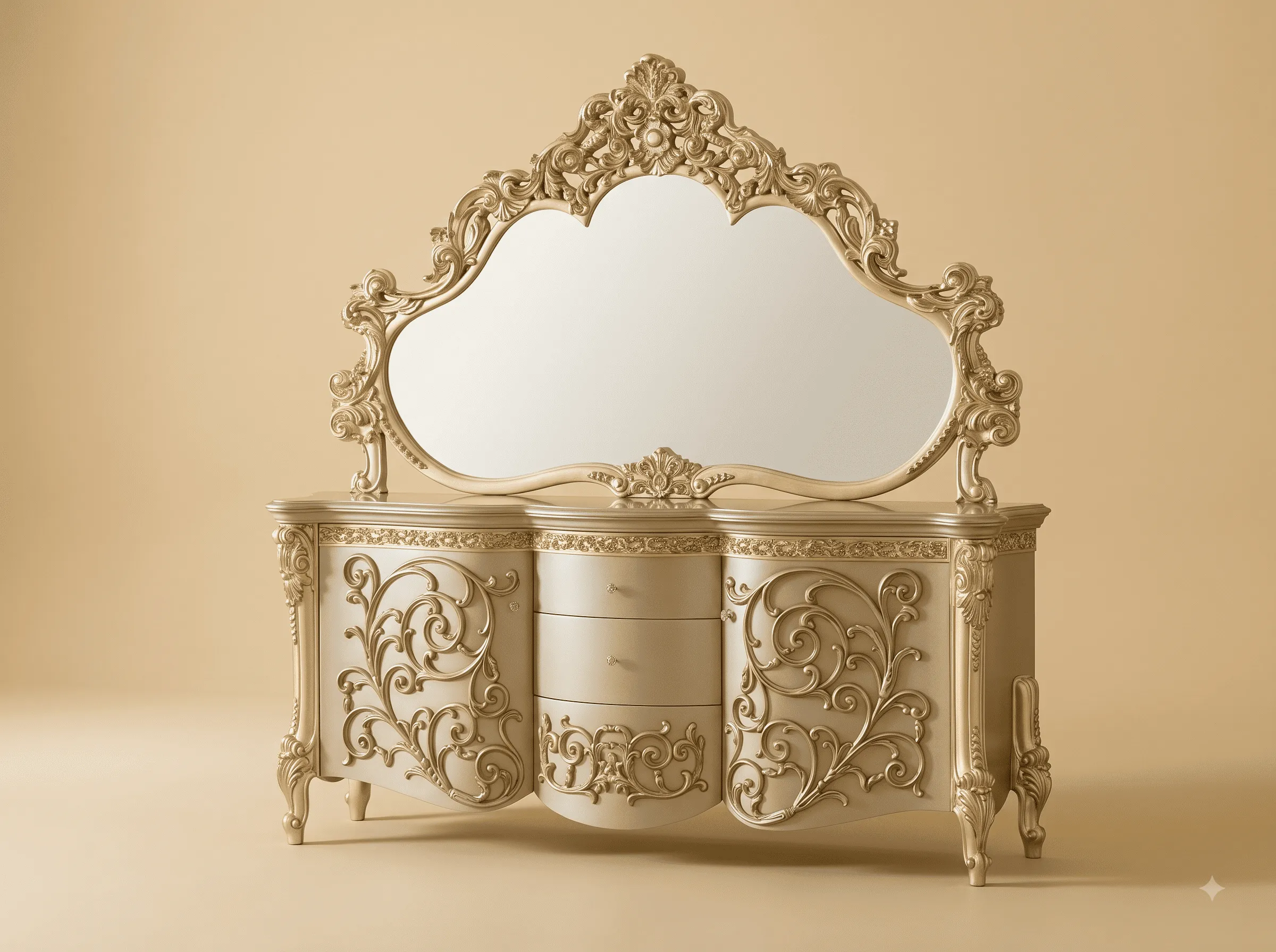 Dressing Table with Cupboard in Carved Teak - Cream with Scrolled Mirror