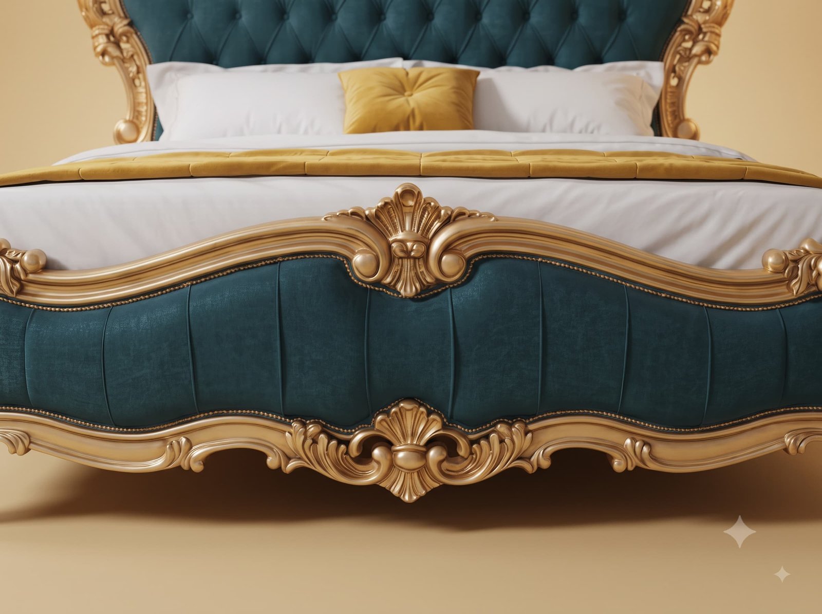 Designer Bed in Carved Teak - Teal Velvet with Champagne Gold Frame - Image 3