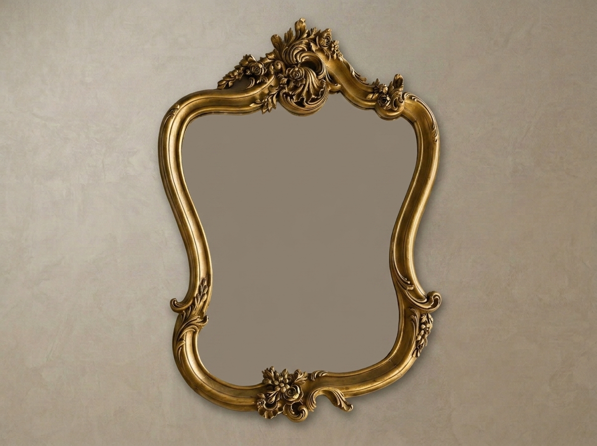 Luxury Hand Carved Gold Baroque Mirror Frame with Sculptural 3D Artwork | Royal Rococo Antique Gold Teak Wood Decorative Wall Mirror