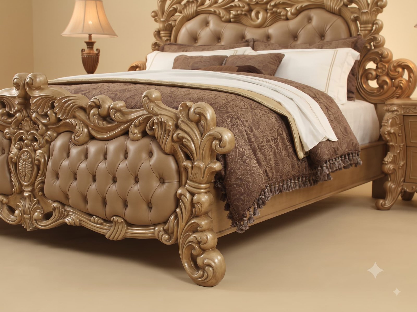 Bedroom Furniture Set in Carved Teak - Antique Gold with Taupe Tufting - Image 3