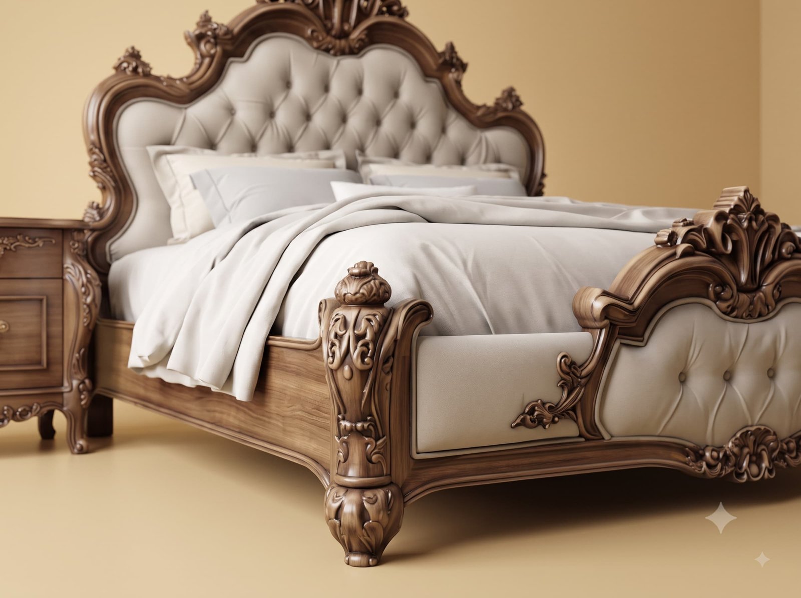 Grey Bed Design in Carved Teak - Walnut Frame with Tufted Panels - Image 2