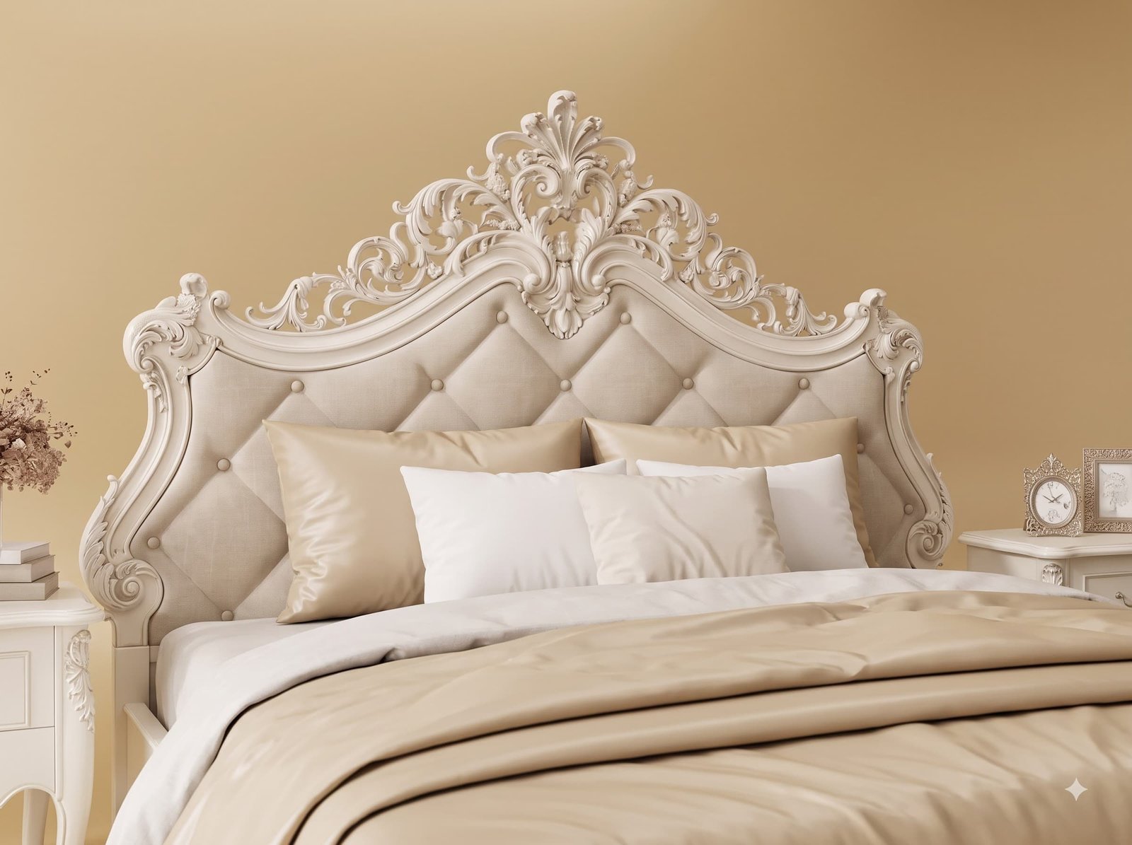 White King Size Bed in Carved Teak - Antique French Tufted Headboard - Image 4