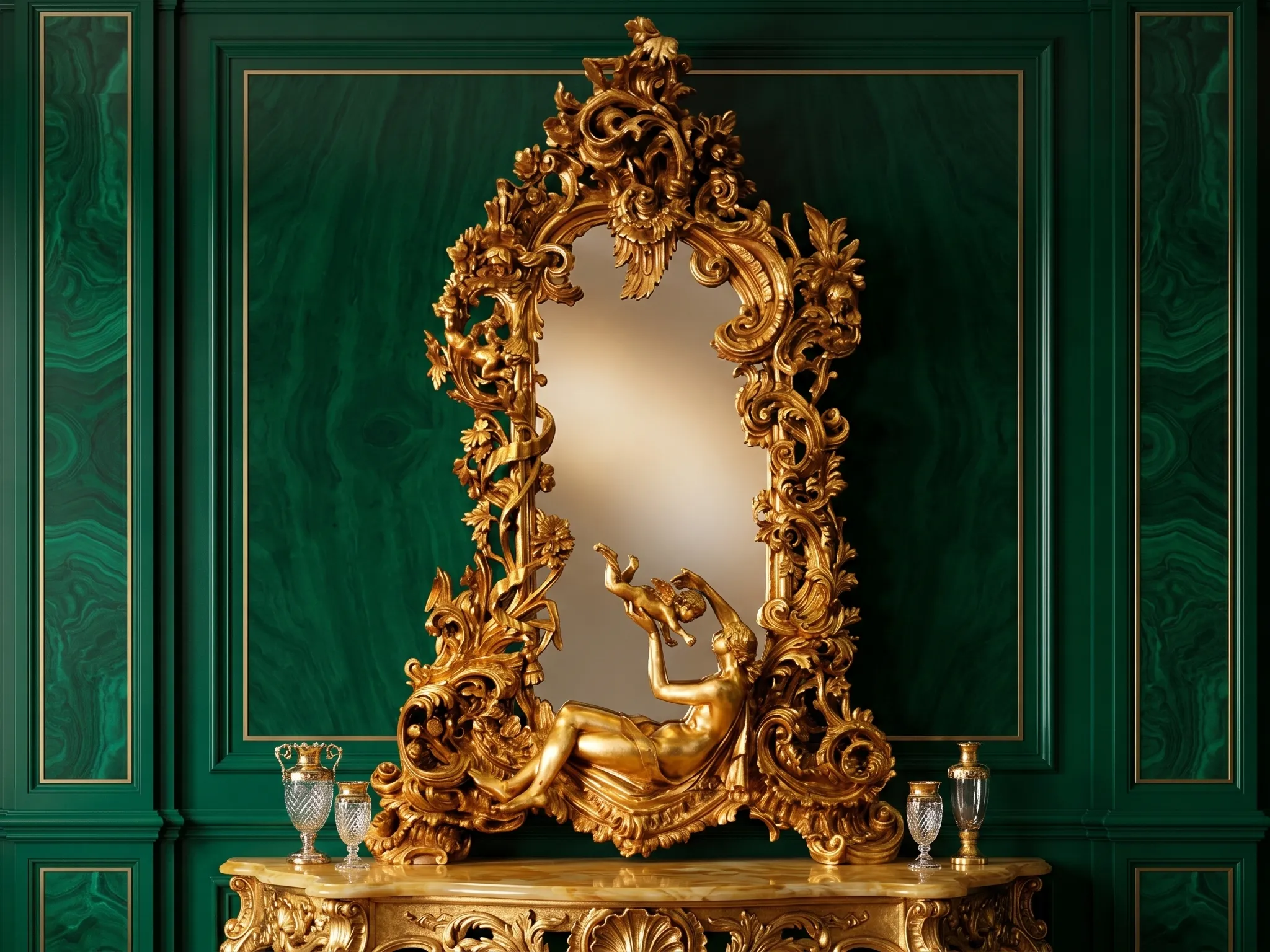 Luxury Hand Carved Gold Baroque Mirror Frame with Sculptural Artwork | Royal Decorative Mirror