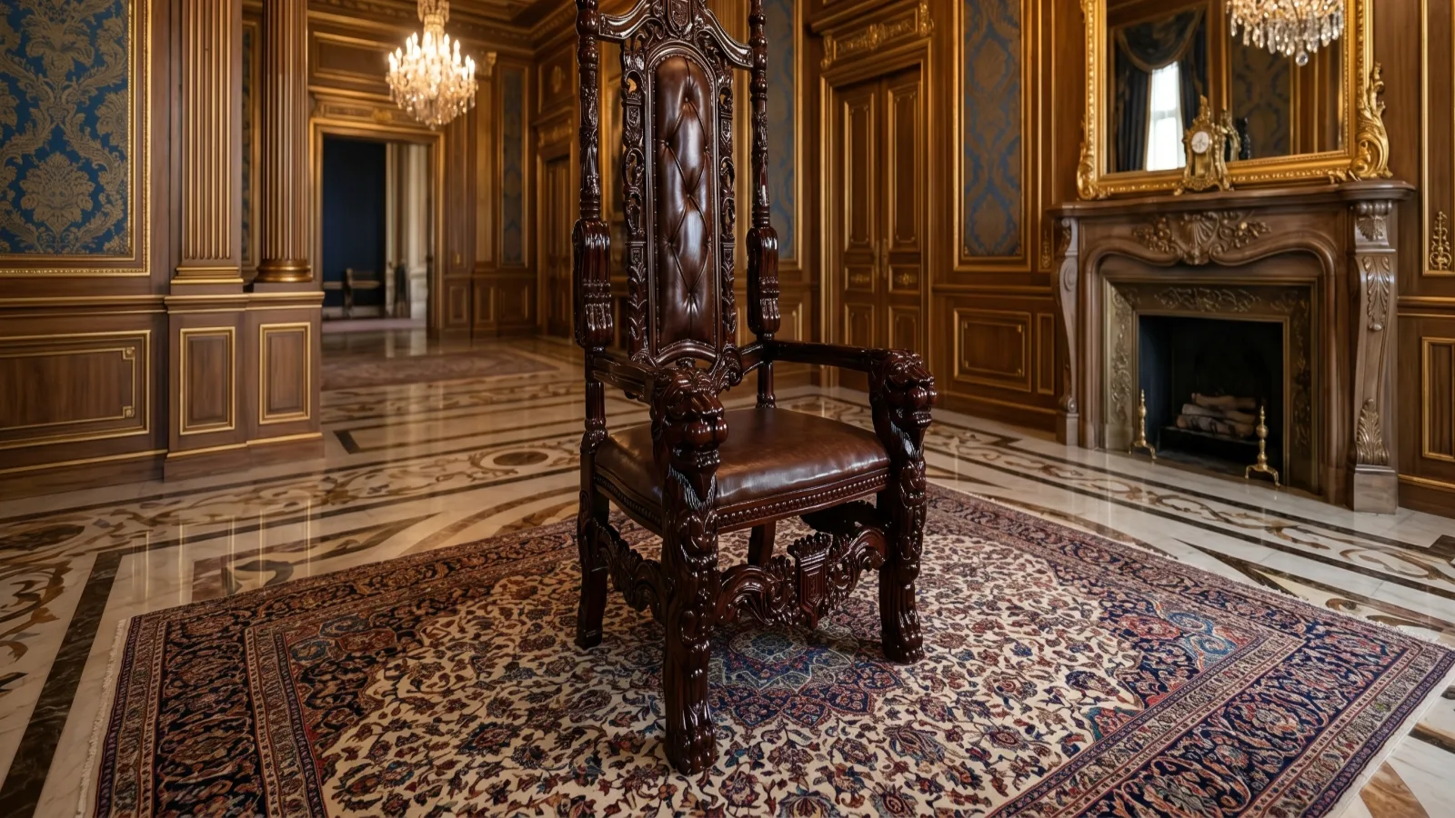 Heraldic Lion Arm Royal High Back Throne Chair | Brocade & Dark Mahogany