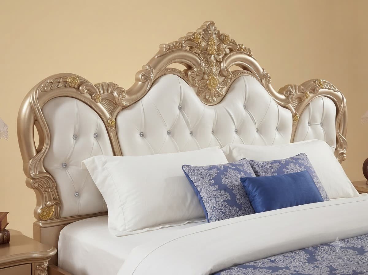 Rose Gold King Size Bed Frame in Carved Teak - White Tufted Panels - Image 3