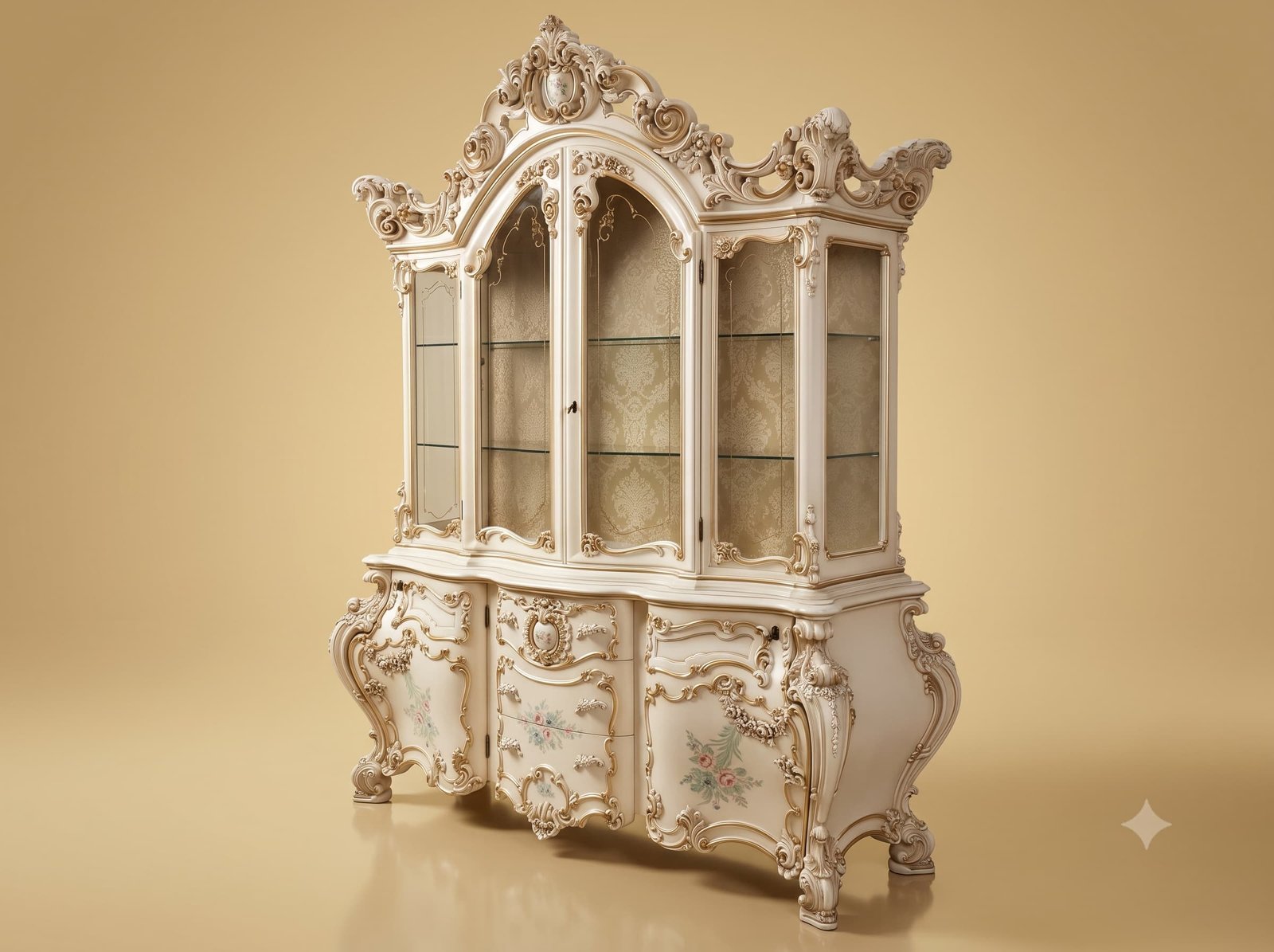 Three Door Showcase in Carved Cream Teak with Fabric Lined Back