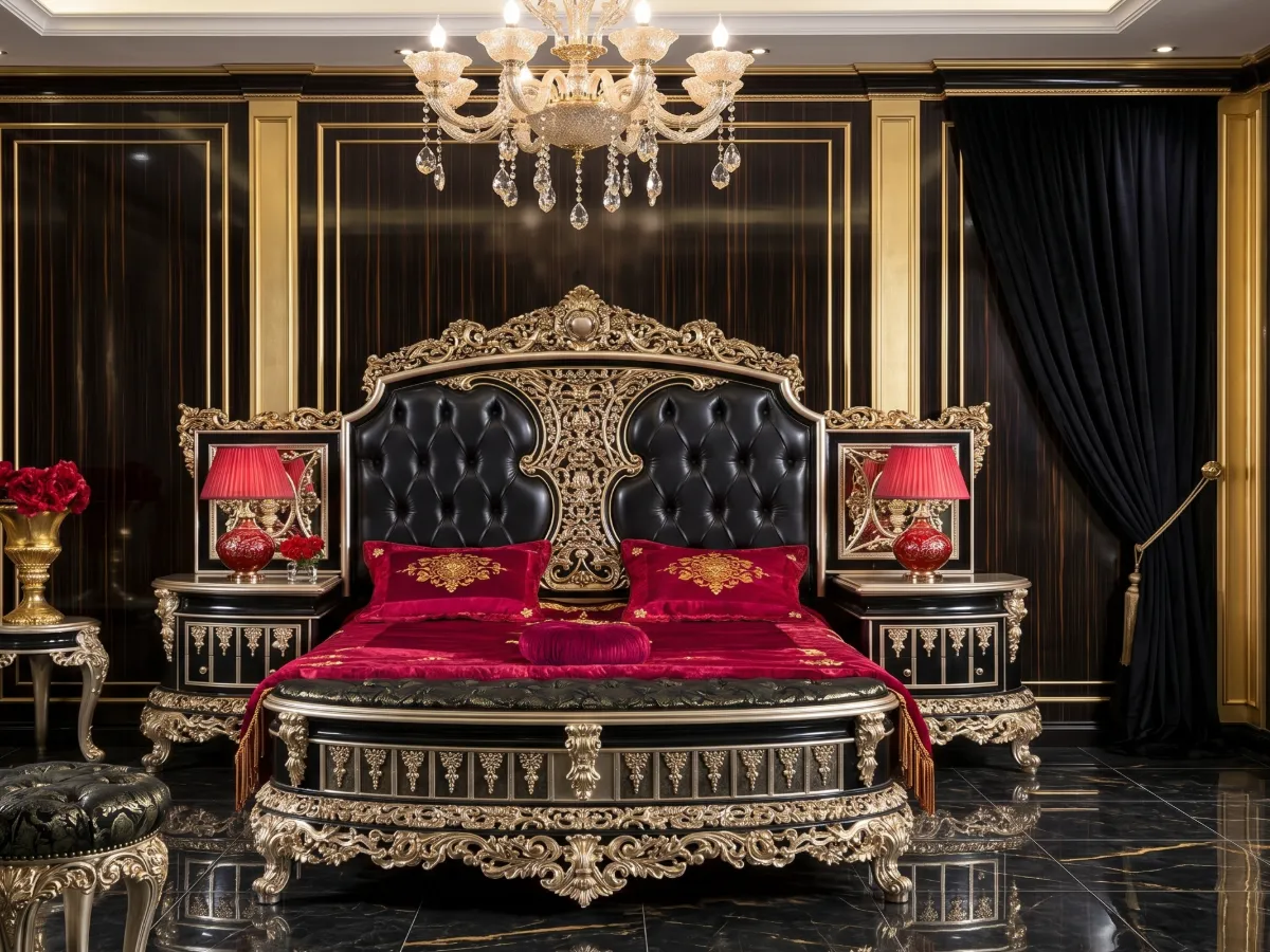 Luxury Black Bedroom Furniture Set with Ornate Gold Carvings and Timeless Baroque Elegance