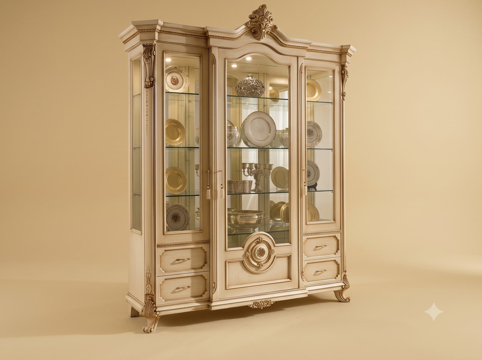 Showcase with Lights in Carved Teak with Glass Shelves and Drawers