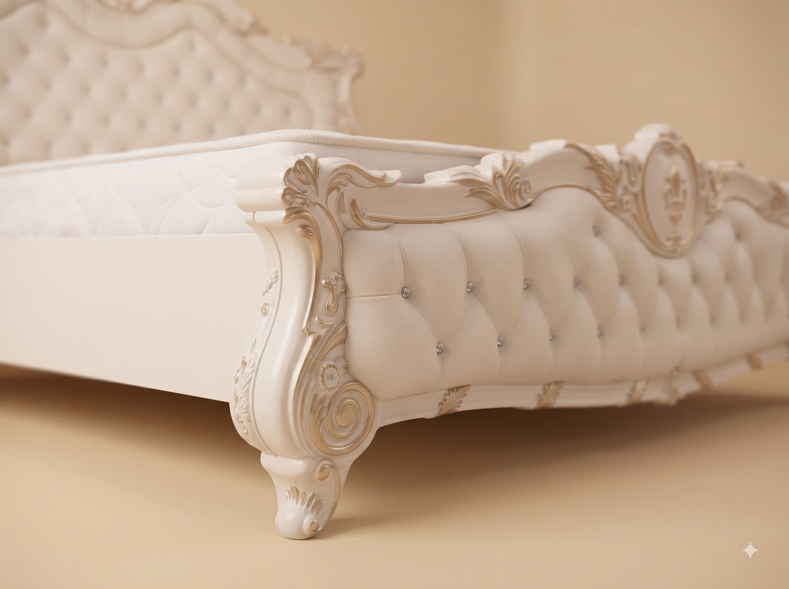 Cushioned Bed in Carved Teak - Cream and Gold with Crystal Buttons - Image 2