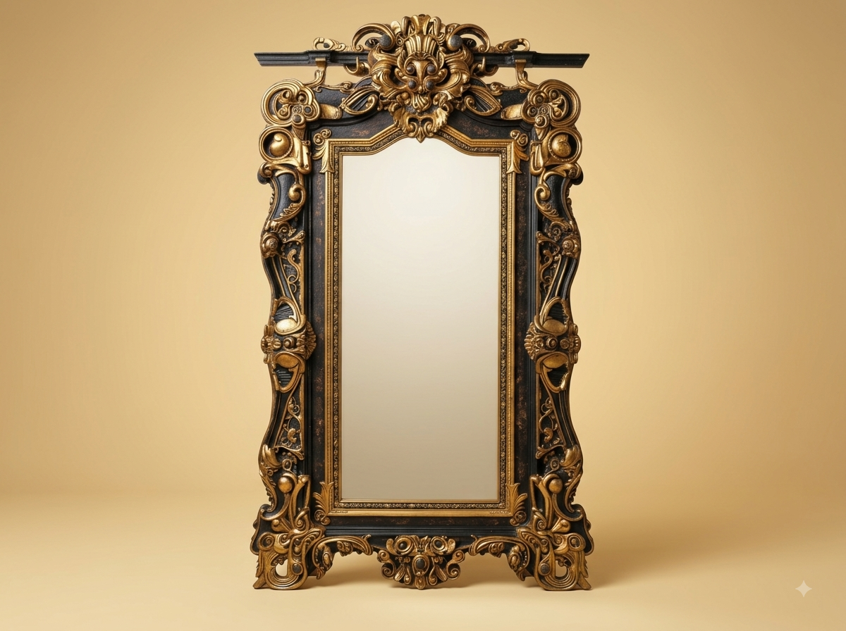 Hand-Carved Teak Wood Black and Gold Statement Mirror | Ebonised Baroque Frame - Image 1
