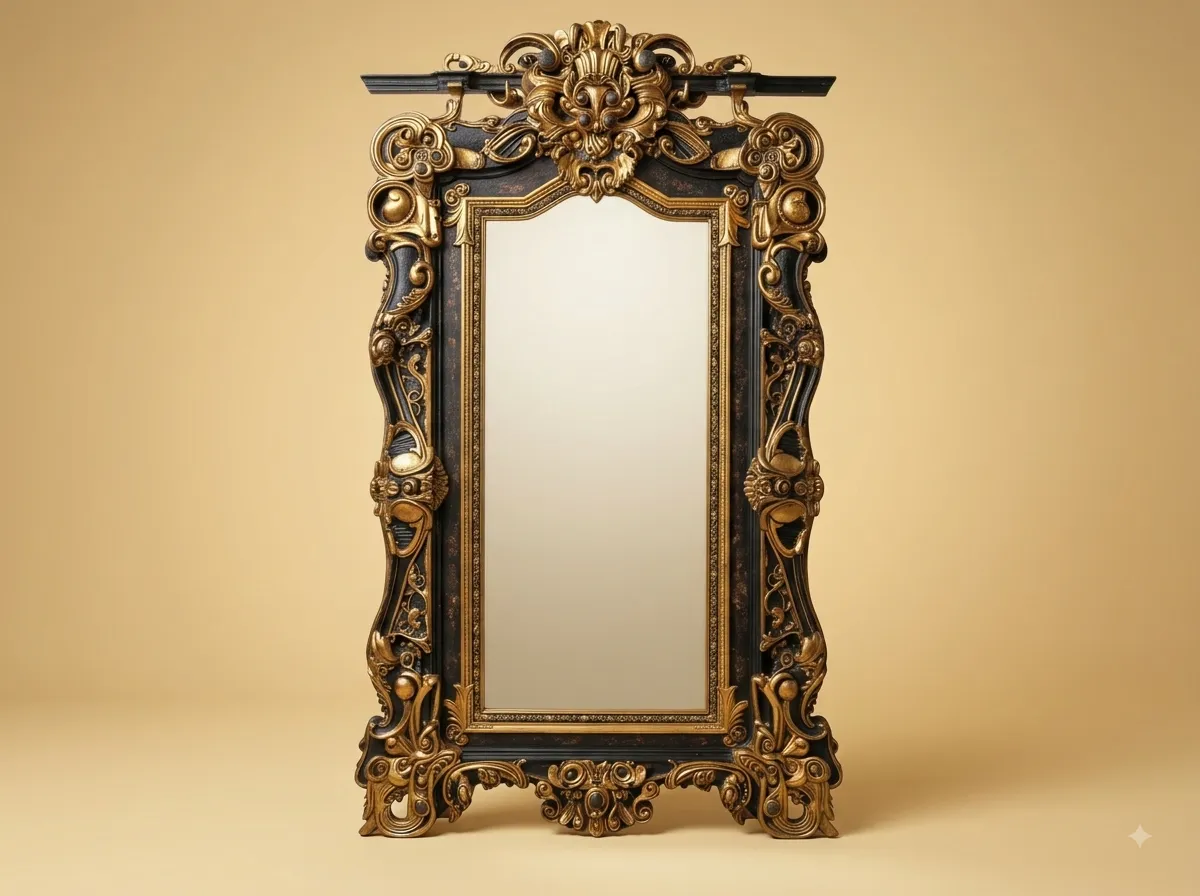 Hand-Carved Teak Wood Black and Gold Statement Mirror | Ebonised Baroque Frame