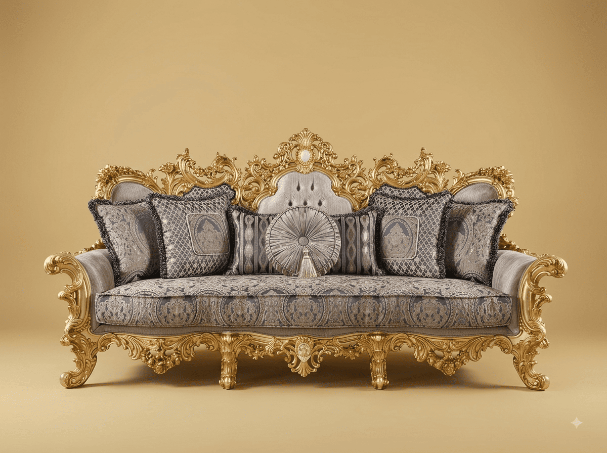 Royal Luxury Handcrafted Carved Teak Sofa | Bright Gold and Silver Grey