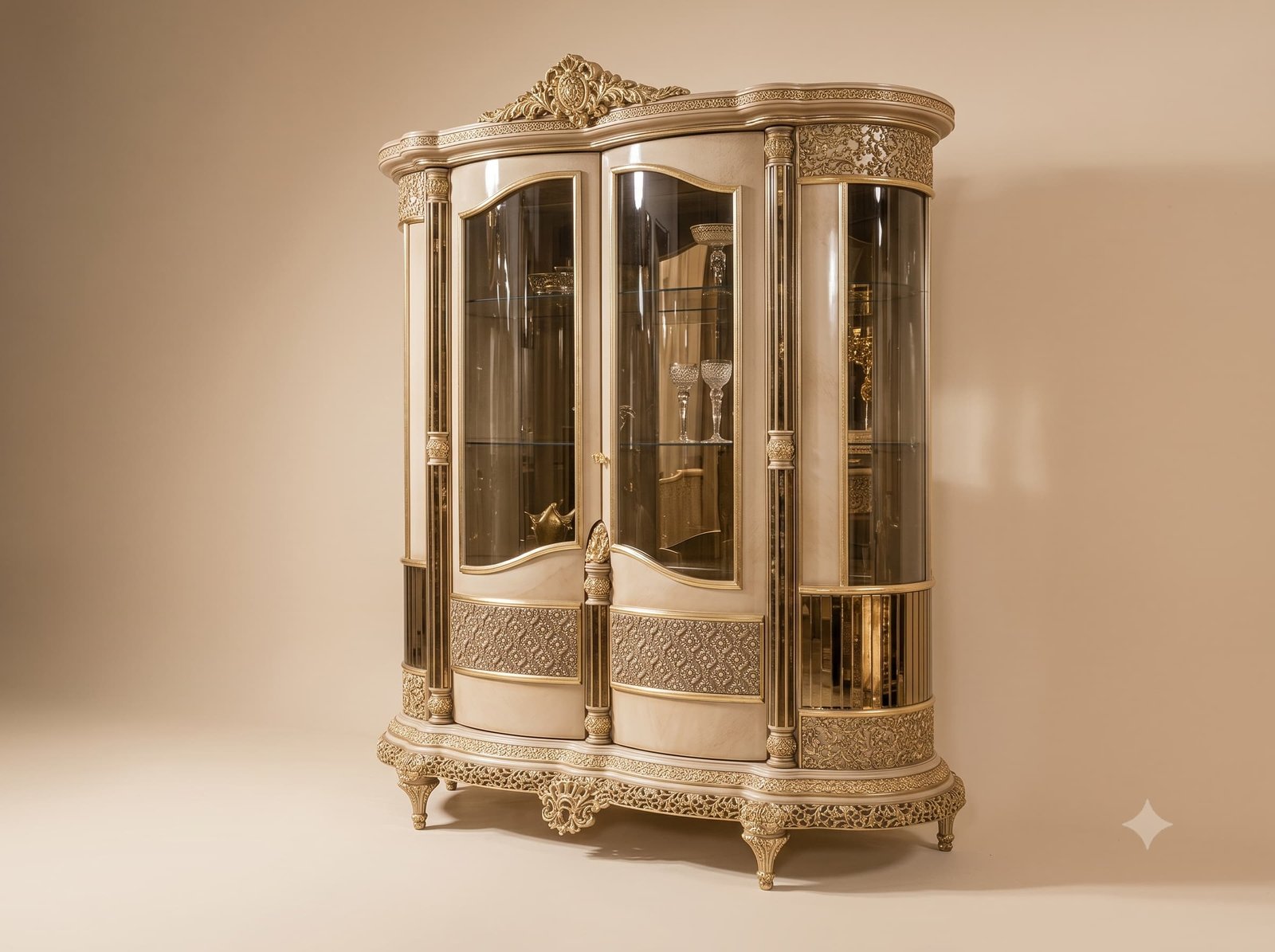 Showcase Almirah in Champagne Teak with Rounded Glass Ends - Image 1